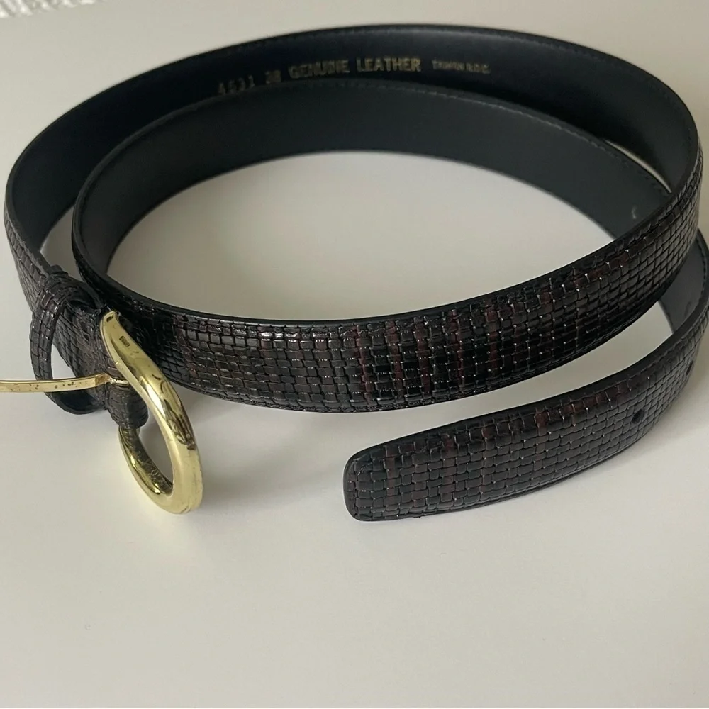 Genuine Leather Belt Black Brown Print Pattern Size 38 Unisex